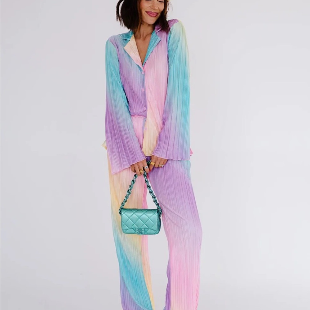 Dressed in Lala Long Sleeve Plissé Set in Rainbow Daydream